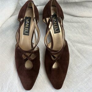 Vaneli Dark Brown Suede Pointed Toe Crisscross Slingbacks